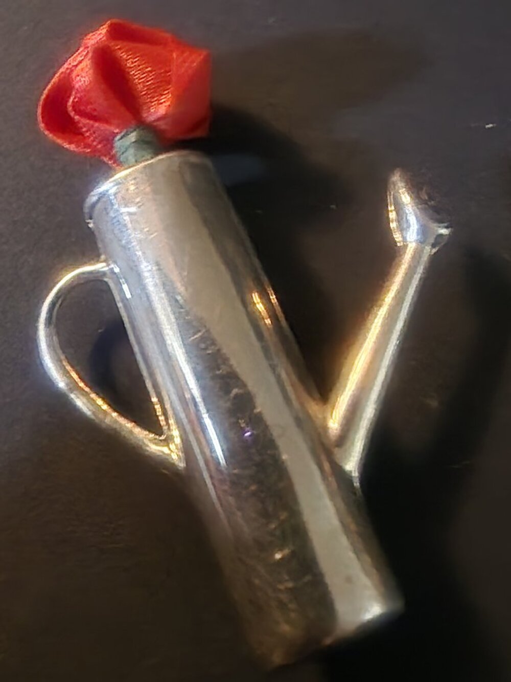 Vintage REO Sterling Silver 925 Watering Can Brooch w/ Fabric Red Rose 5 Grams